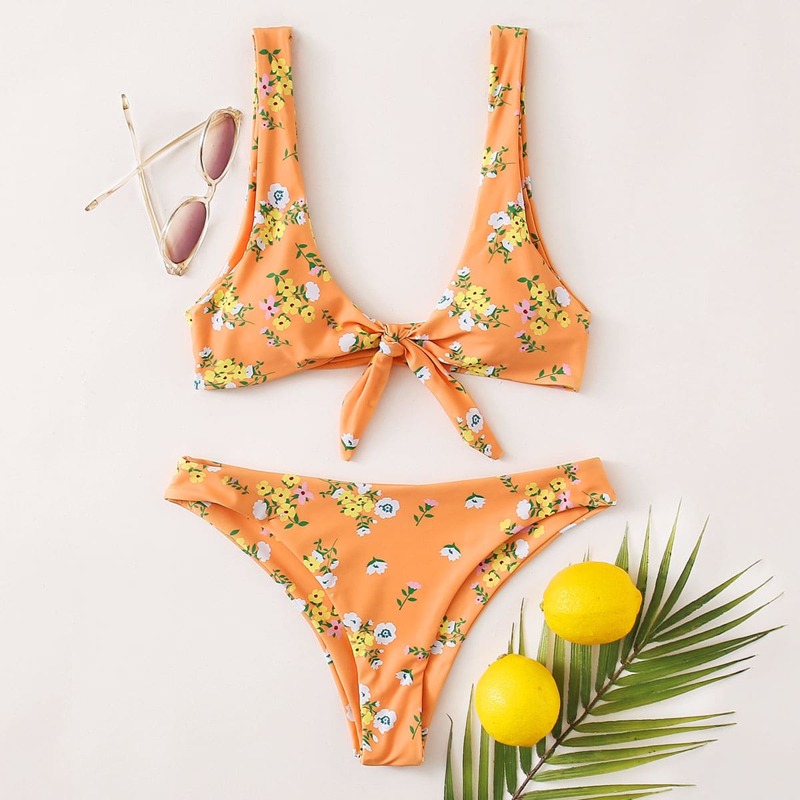 

Floral Tie Front Bikini Swimsuit, Orange