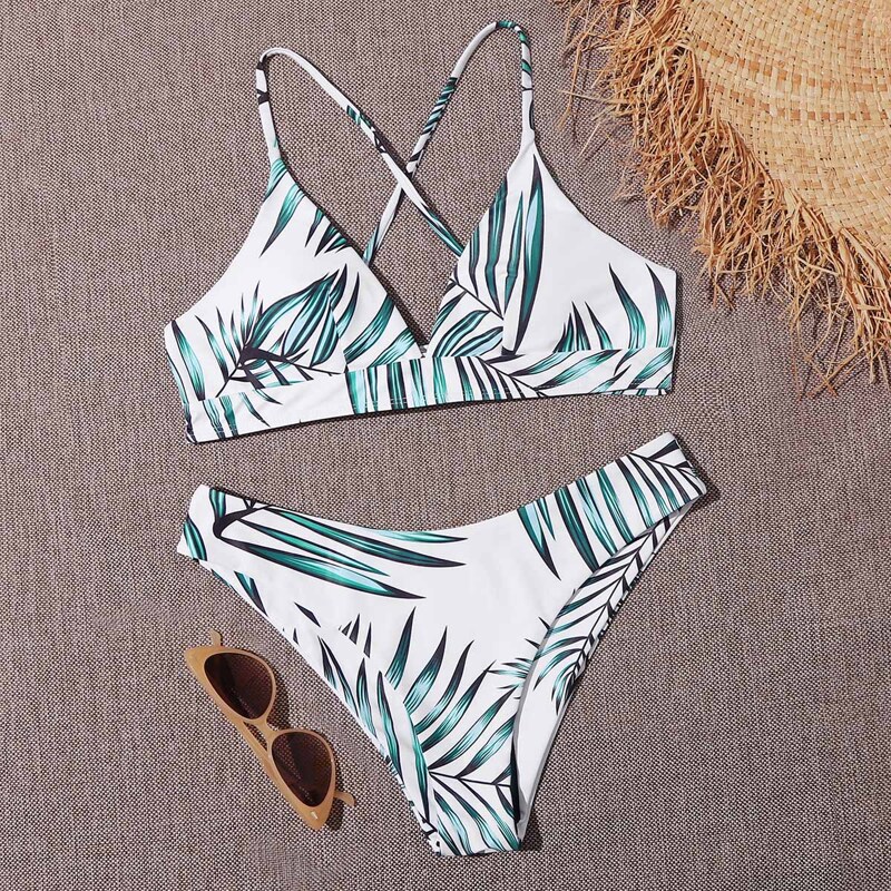 

Palm Print Criss Cross Bikini Swimsuit, Multicolor