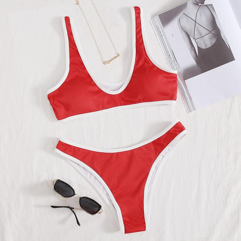 

Rib Contrast Binding Bikini Swimsuit, Red