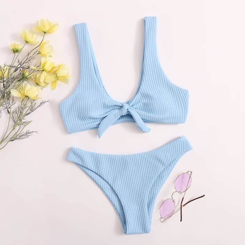 

Ribbed Tie Front Bikini Swimsuit, Blue