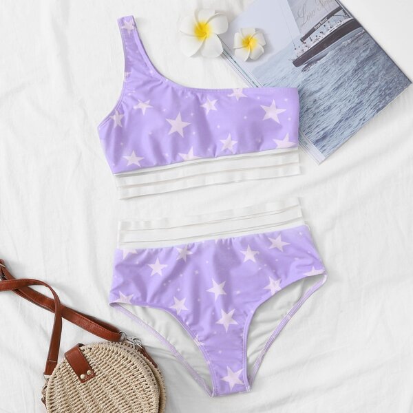 

Star Print One Shoulder Bikini Swimsuit, Purple