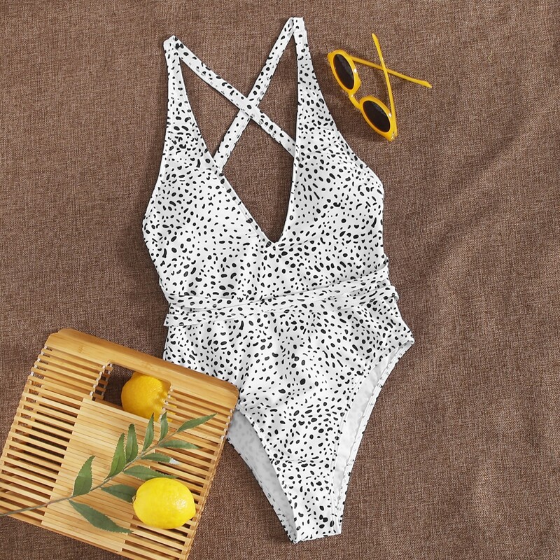 

Dalmatian Backless One Piece Swimsuit, Black and white