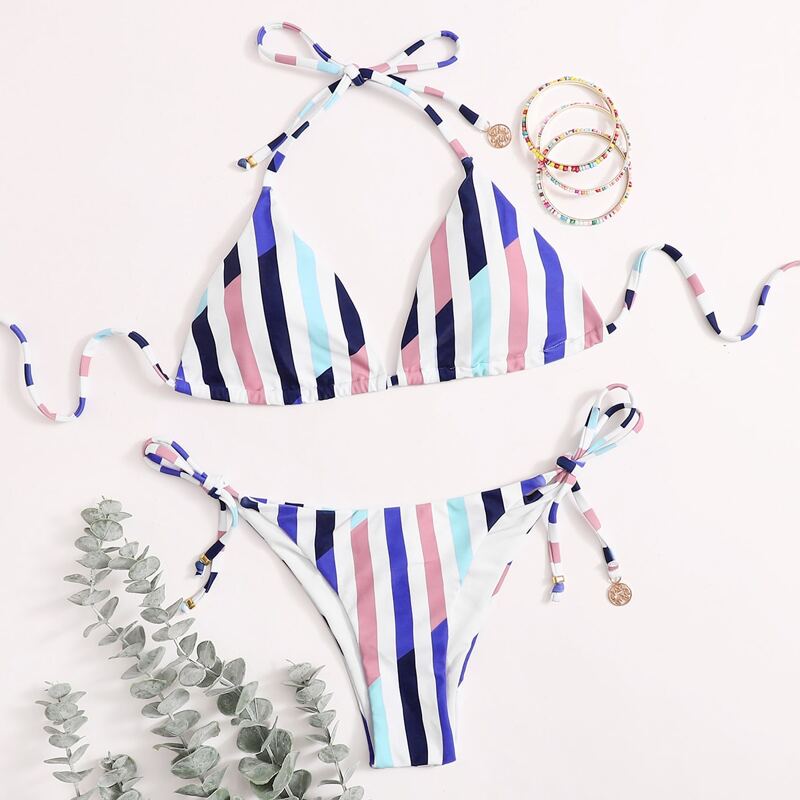 

Striped Tie Side Bikini Swimsuit, Multicolor
