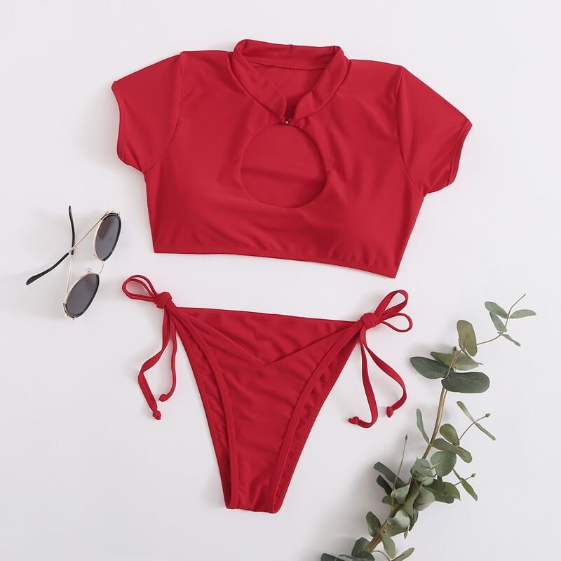 

Short Sleeve Tanga Bikini Swimsuit, Red