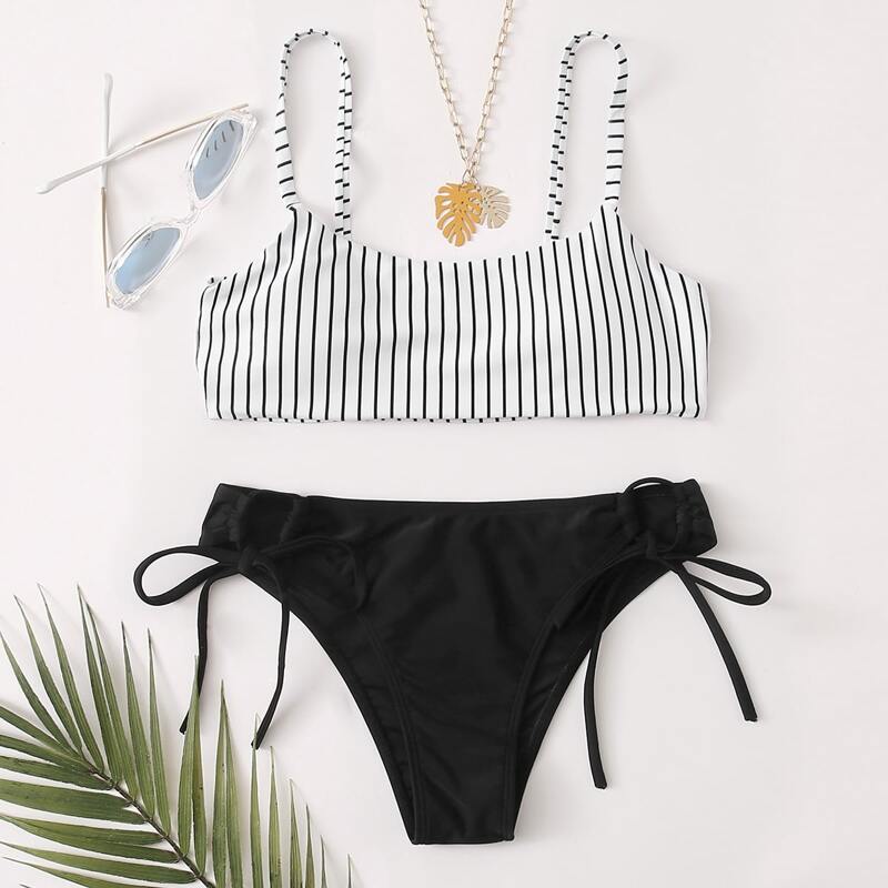 

Striped Tie Side Bikini Swimsuit, Multicolor
