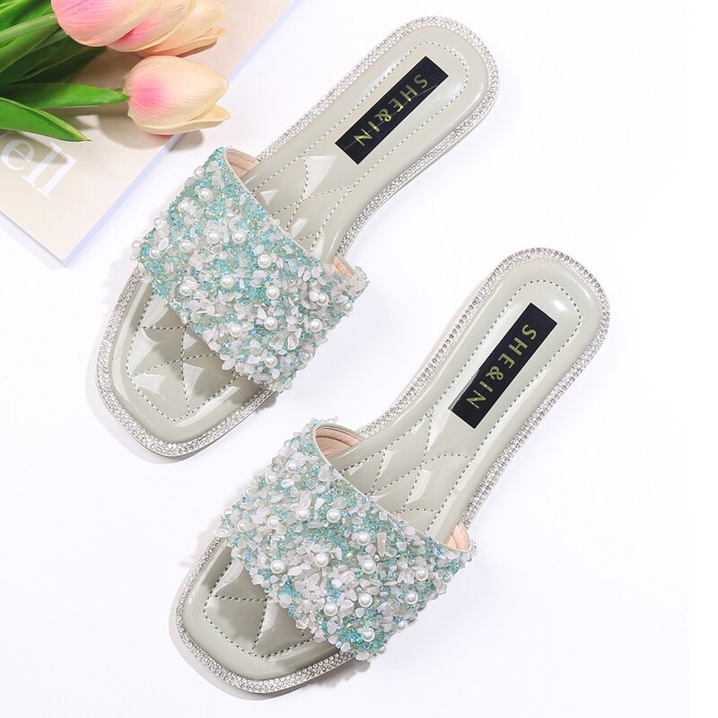 

Open Toe Faux Pearl Decor Sliders, Green