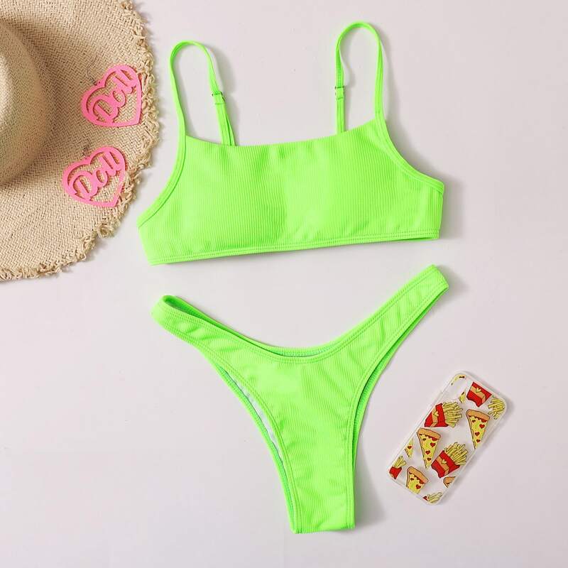

Neon Green High Leg Bikini Swimsuit, Green bright