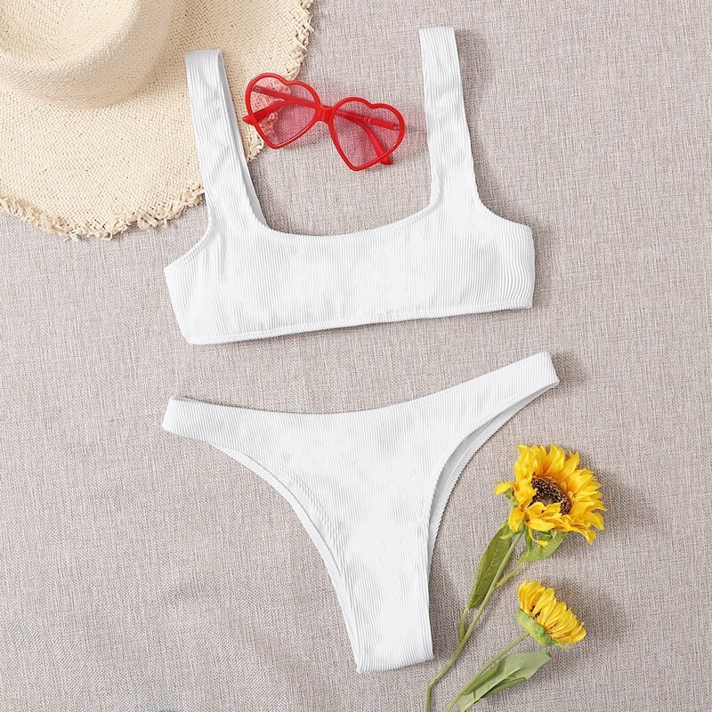 

Ribbed Tanga Bikini Swimsuit, White