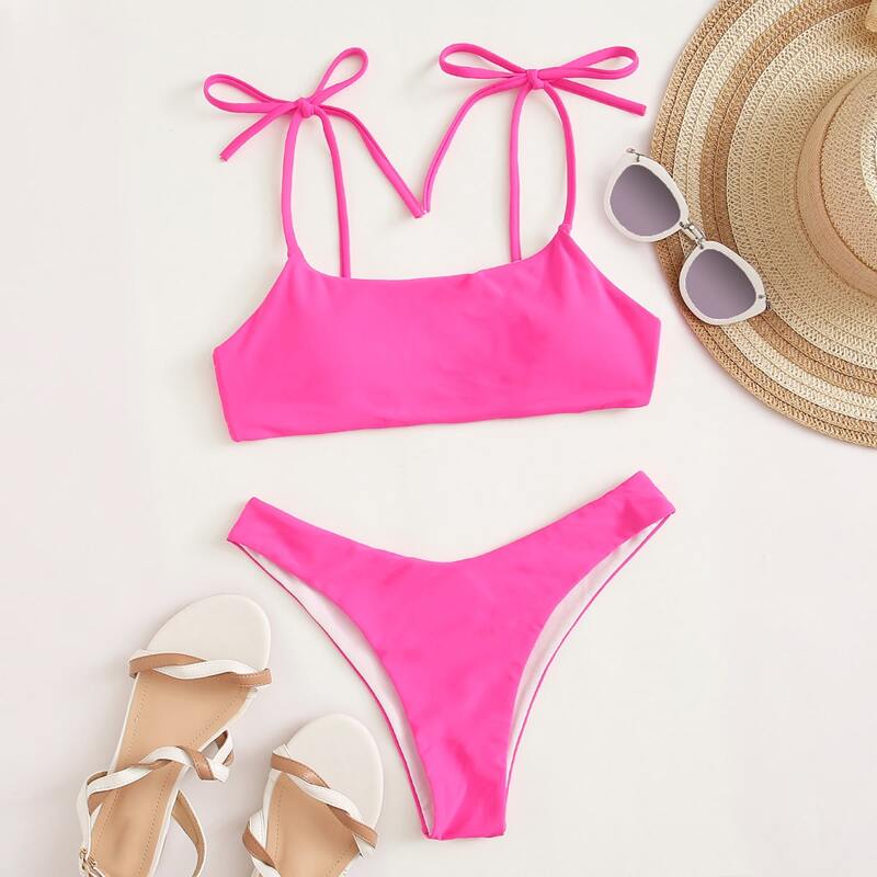 

Neon Pink High Leg Bikini Swimsuit, Pink bright