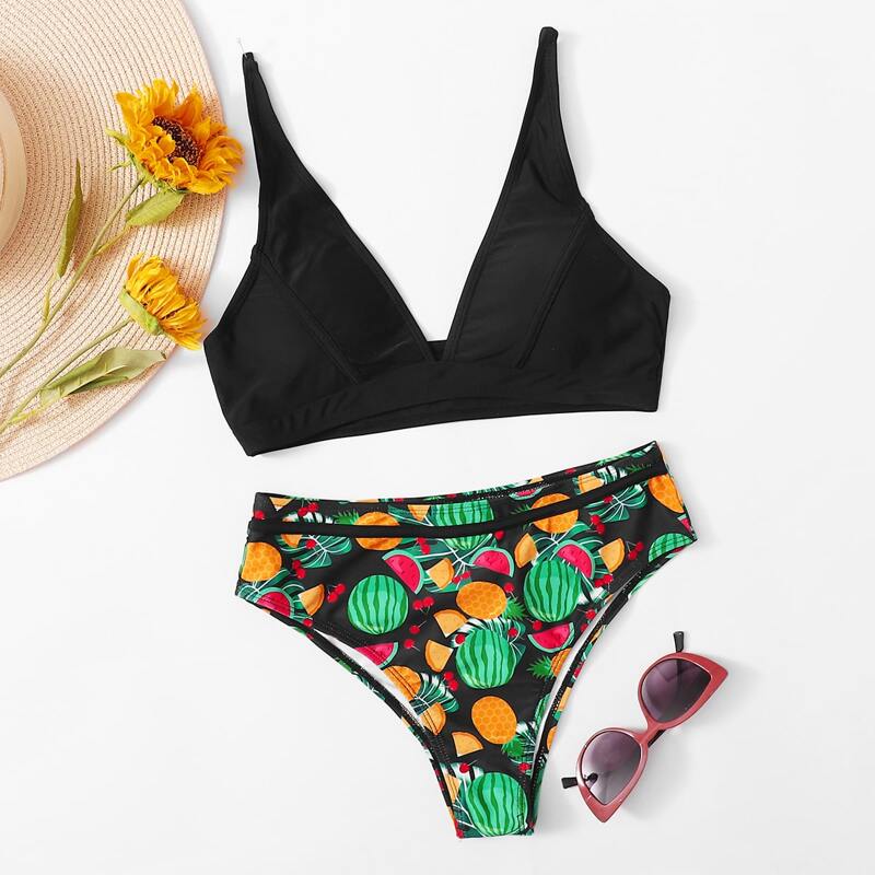 

Random Fruit Print Bikini Swimsuit, Multicolor