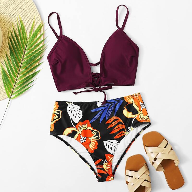 

Random Floral Lace Up Front High Waisted Bikini Swimsuit, Multicolor