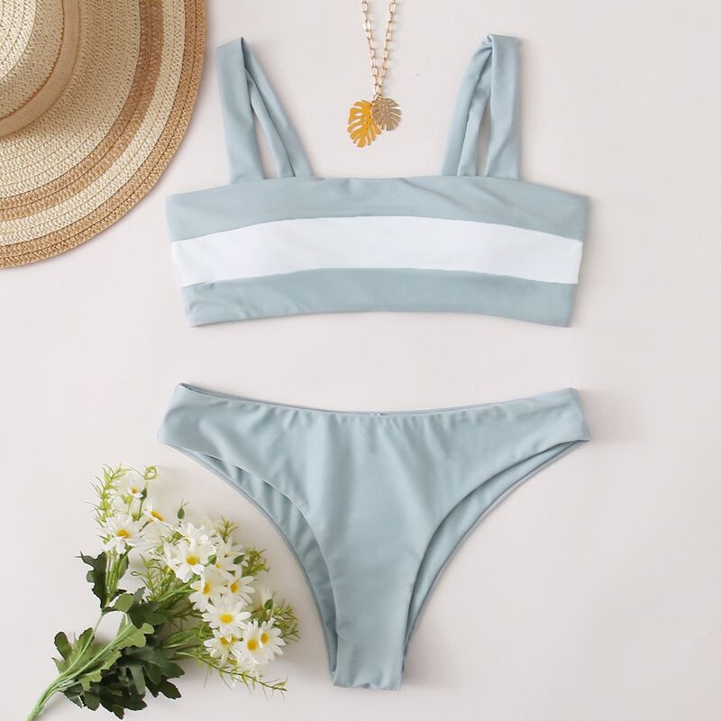 

Color Block Strap Bikini Swimsuit, Blue pastel