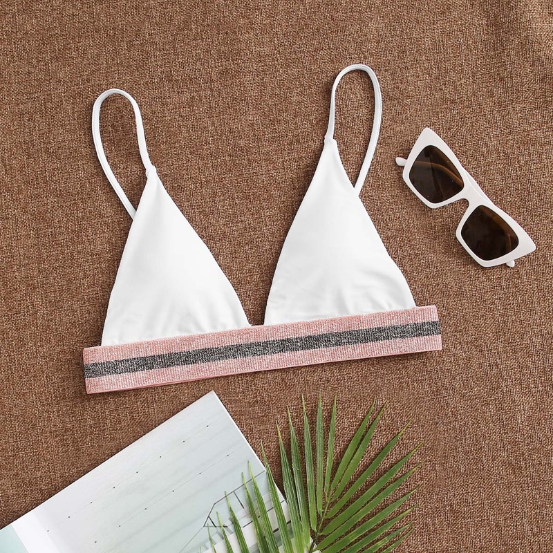 

Glitter Trim Triangle Bikini Top, White