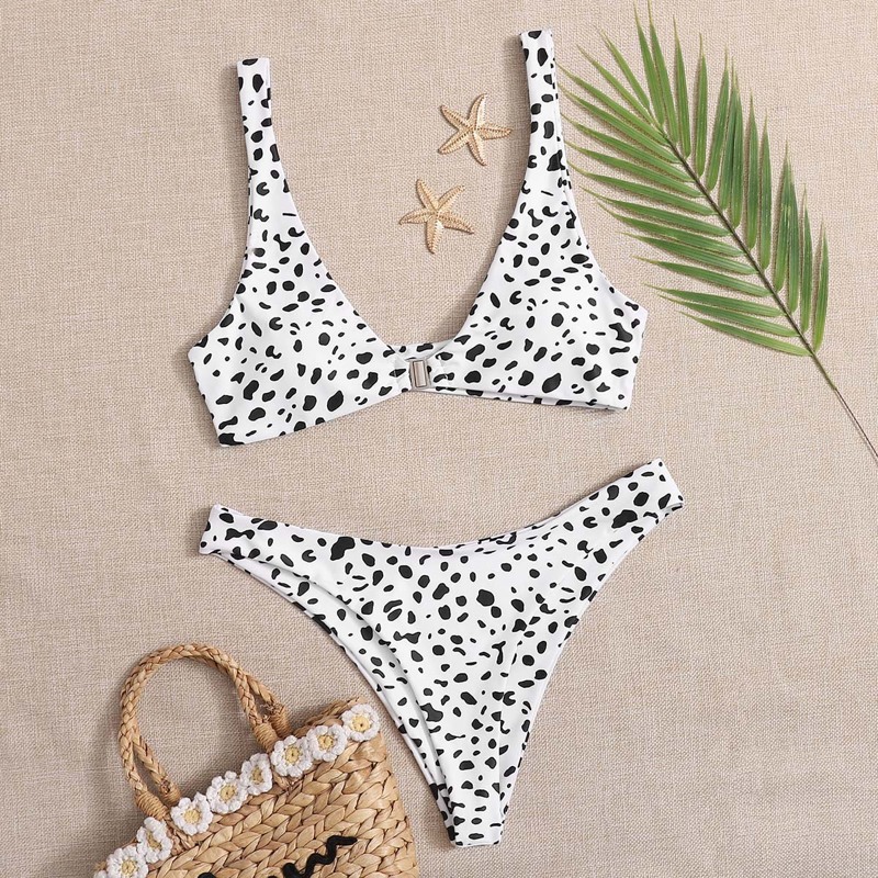 

Dalmatian High Leg Bikini Swimsuit, Black and white