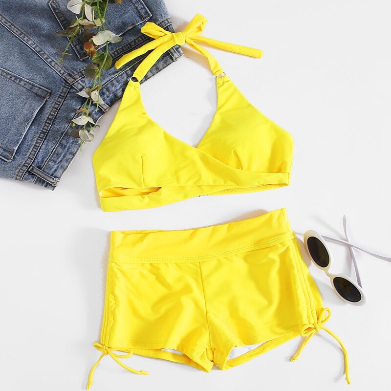 

Criss Cross Drawstring Shorts Bikini Swimsuit, Yellow