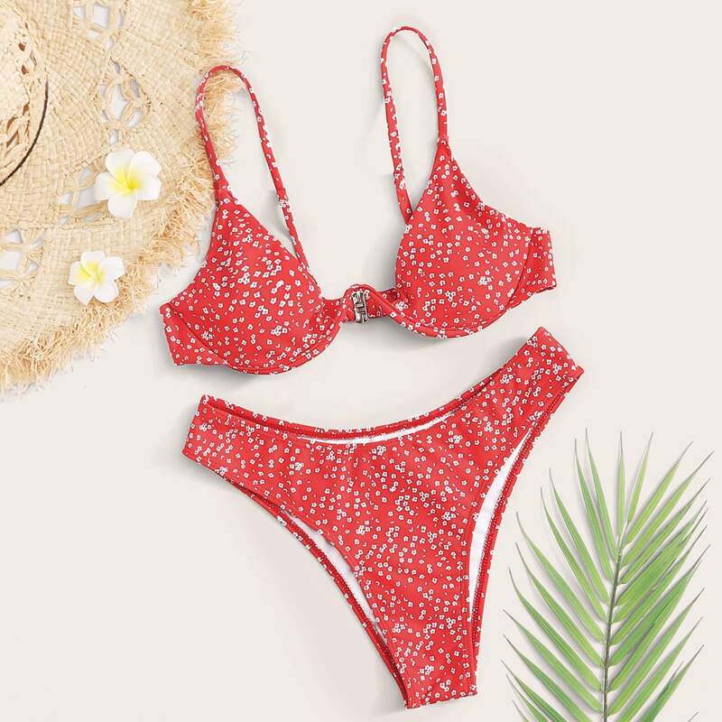 

Ditsy Floral Push Up Bikini Swimsuit, Red