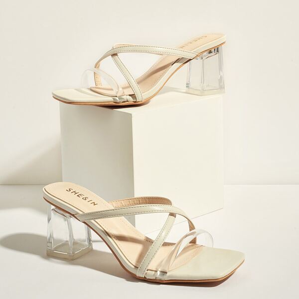 

Cross Strap Chunky Heeled Mules, Beige