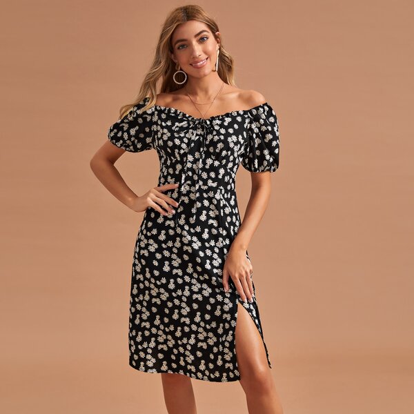 

Allover Daisy Floral Bardot Split A-Line Dress, Black