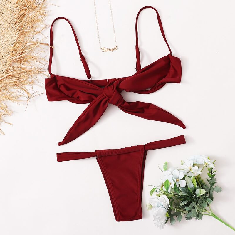 

Knot Front Underwire Thong Bikini Swimsuit, Burgundy