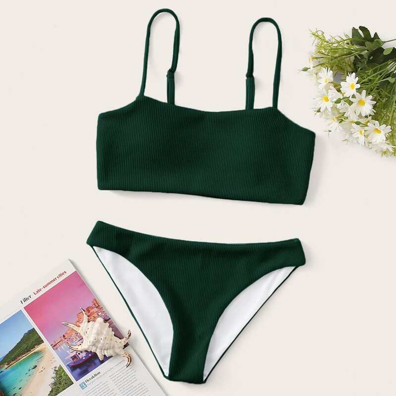

Ribbed Cami Bikini Swimsuit, Green