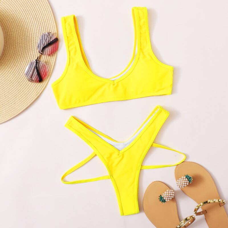 

Solid Cheeky Bikini Swimsuit, Yellow