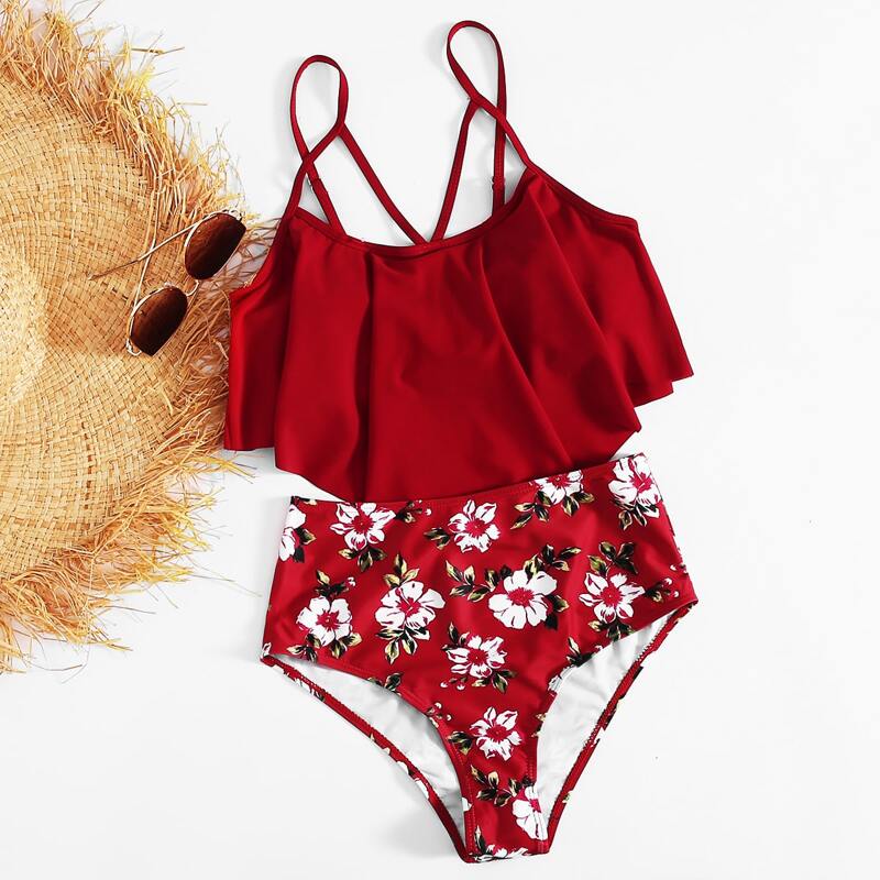 

Floral Hanky Hem High Waisted Bikini Swimsuit, Red