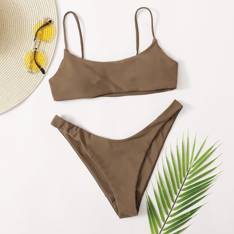 

Adjustable Strap High Cut Bikini Swimsuit, Brown