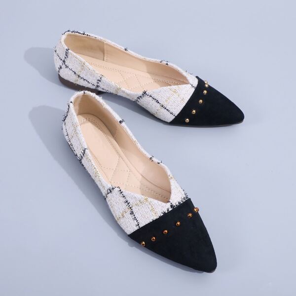 

Cap Toe Studded Decor Tweed Flats, White
