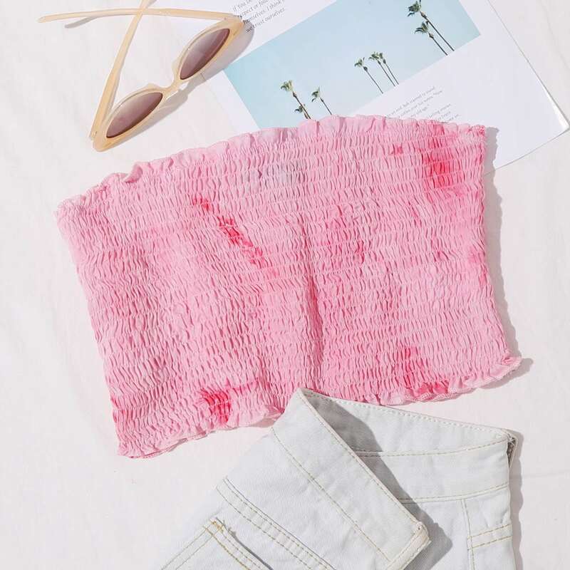 

Frill Trim Tie Dye Shirred Tube Top, Pink