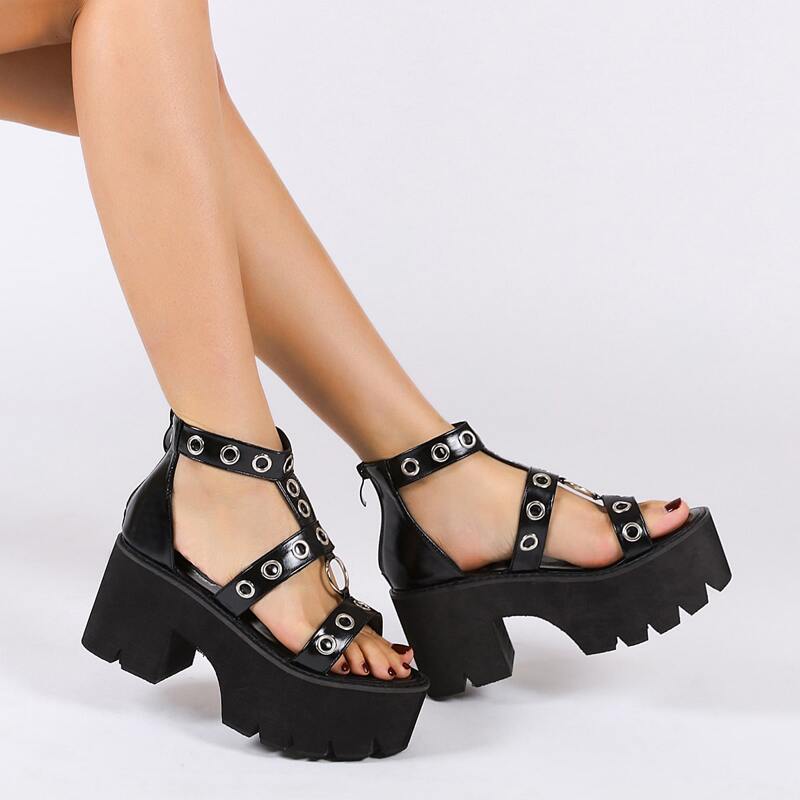 

Open Toe Platform Chunky Heels, Black