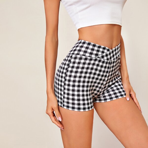 

Wrap Waist Gingham Biker Shorts, Black and white