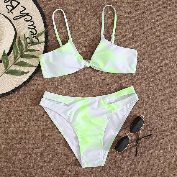 

Tie Dye Cut-out Knot Bikini Swimsuit, White