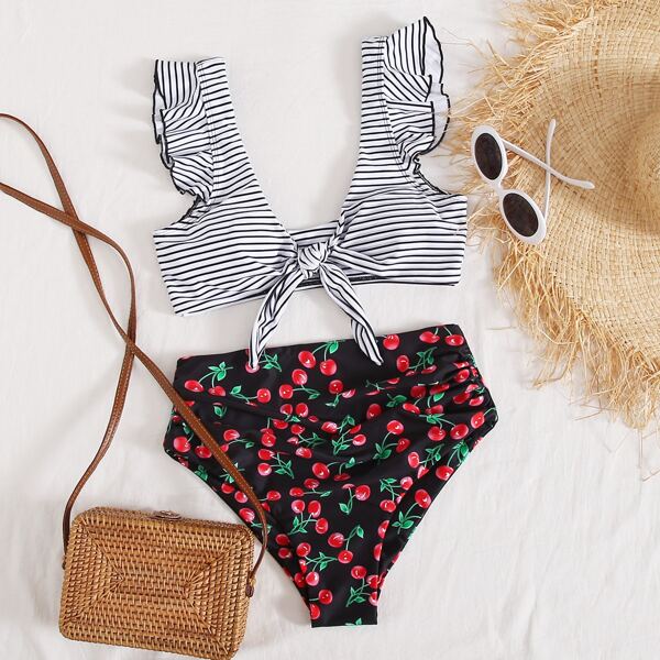 

Striped & Cherry Print Knot Front Bikini Swimsuit, Multicolor