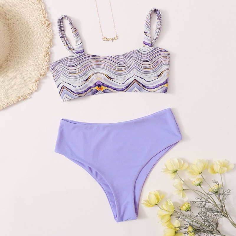 

Wave Print High Waisted Bikini Swimsuit, Purple