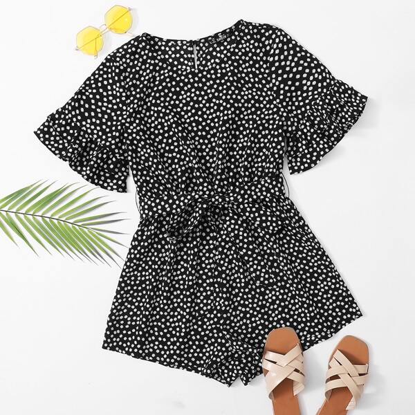

Ditsy Floral Print Layered Ruffle Sleeve Belted Romper, Black