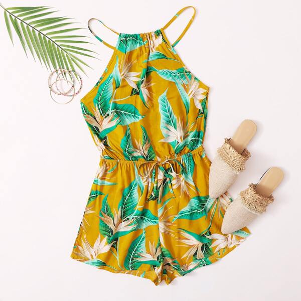 

Tie Back Tropical Print Romper, Yellow