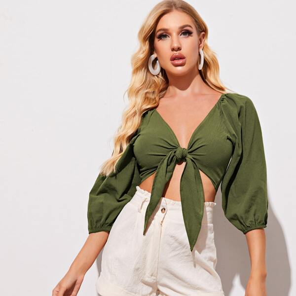 Tie Front Raglan Sleeve Crop Top, Army green