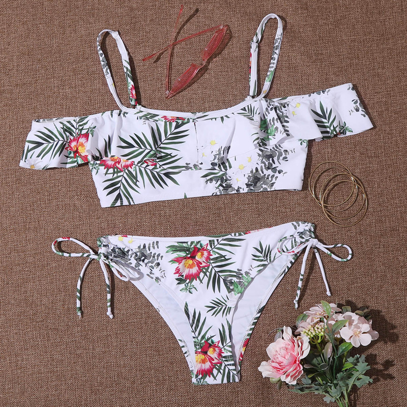 

Tropical Ruffle Tie Side Bikini Swimsuit, White