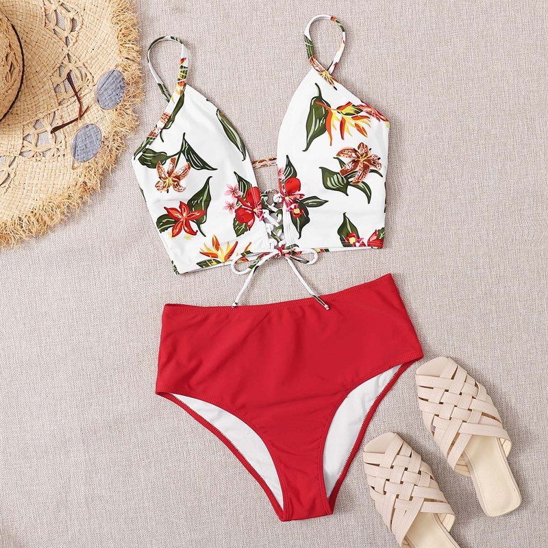 

Floral Lace-up High Waisted Bikini Swimsuit, Multicolor