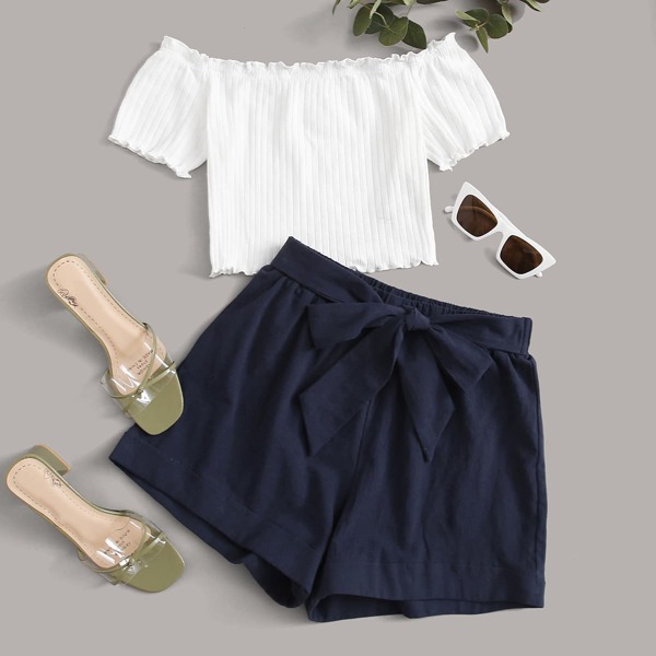 

Lettuce Trim Rib-knit Crop Top & Belted Shorts Set, Multicolor