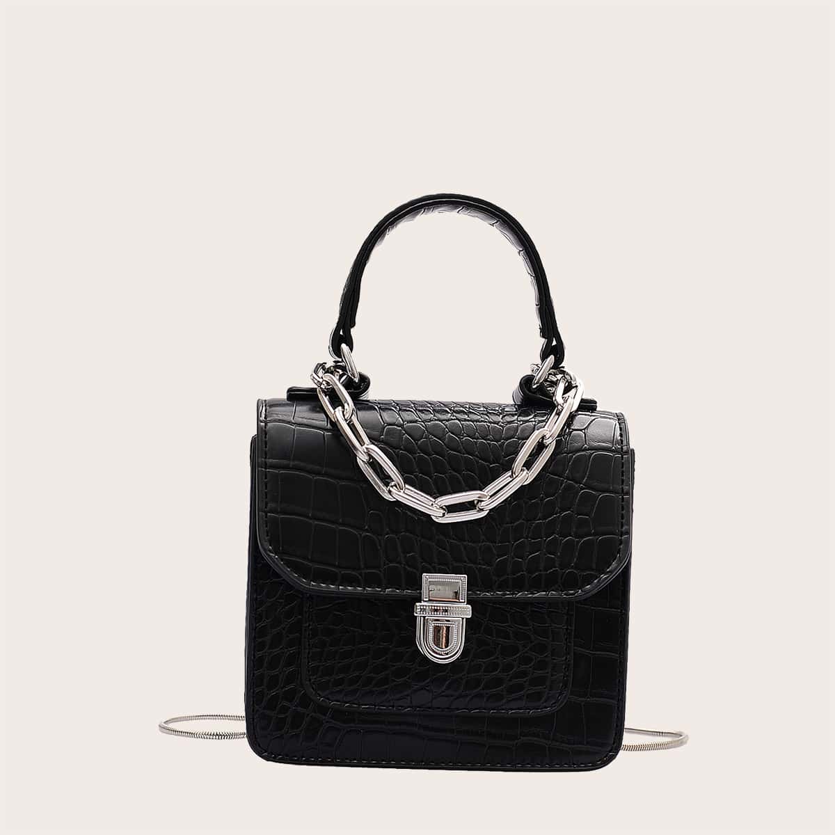 

Mini Croc Embossed Chain Decor Satchel Bag, Black
