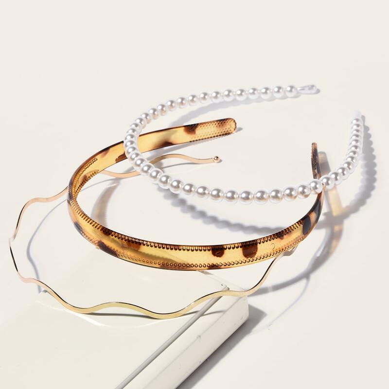 

3pcs Faux Pearl Decor Tortoiseshell Pattern Hair Hoop, Multicolor