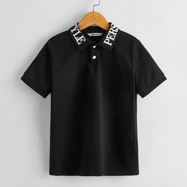 

Boys Letter Graphic Collar Polo Shirt, Black