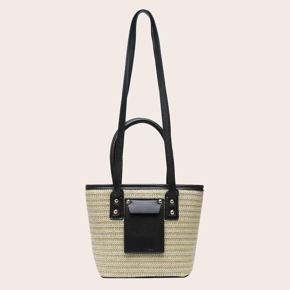 

Contrast PU Woven Satchel Bag, Black