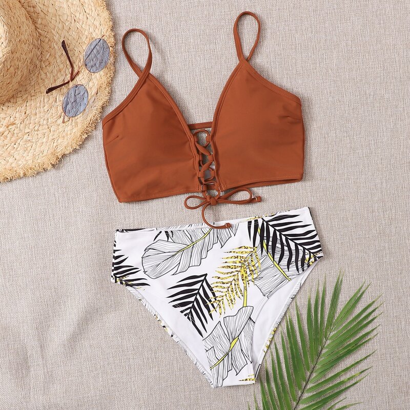 

Tropical Lace-up Front Bikini Swimsuit, Multicolor