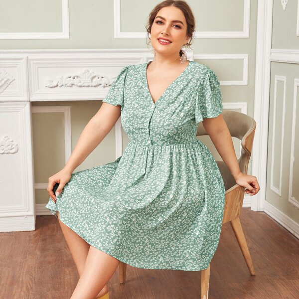 

Plus Ditsy Floral Print Button Front Dress, Mint green