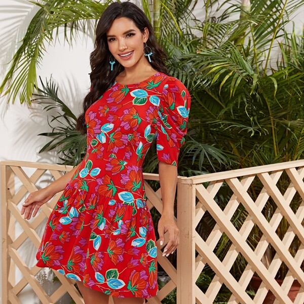 

Puff Sleeve Flounce Hem Floral Dress, Multicolor
