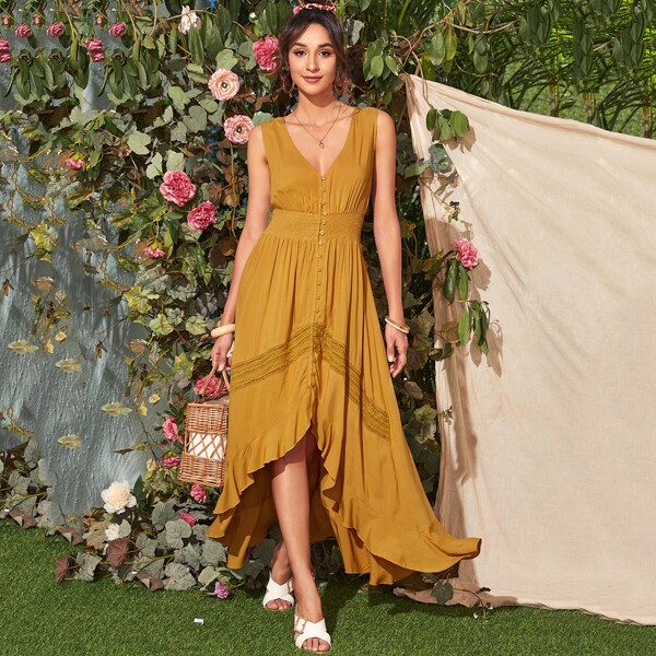 

Guipure Lace Insert Shirred Waist Button Front High Low Dress, Yellow