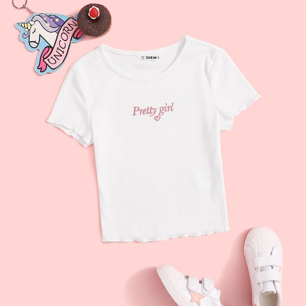 

Girls Letter Embroidery Lettuce Trim Top, White