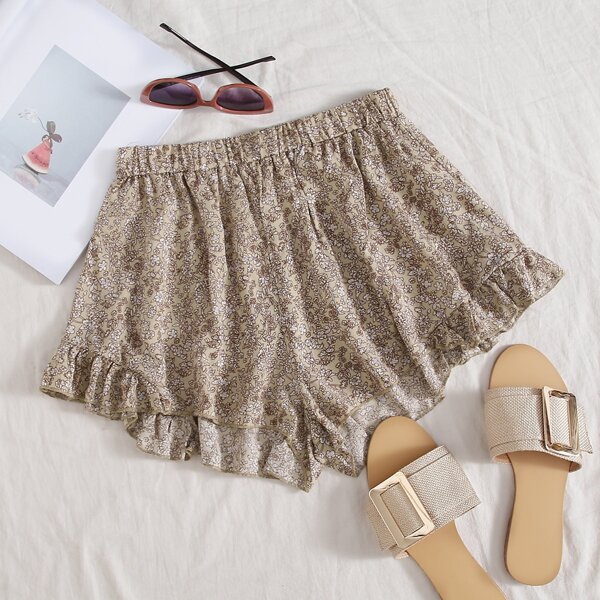 

Ditsy Floral Print Ruffle Hem Shorts, Khaki